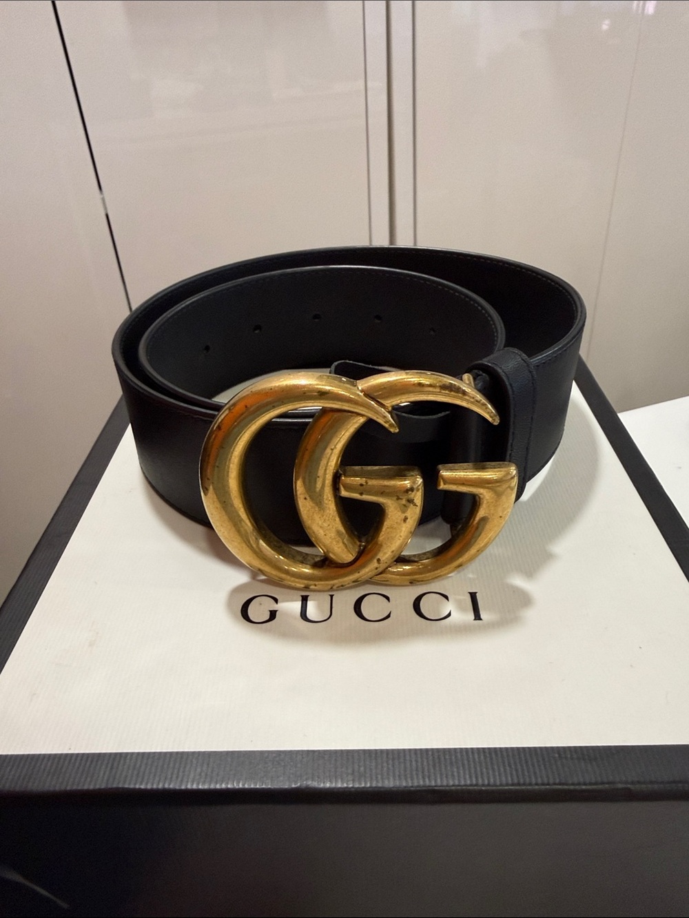 Gucci Black Leather Belt with Gold Double G Buckle - Wide Style
